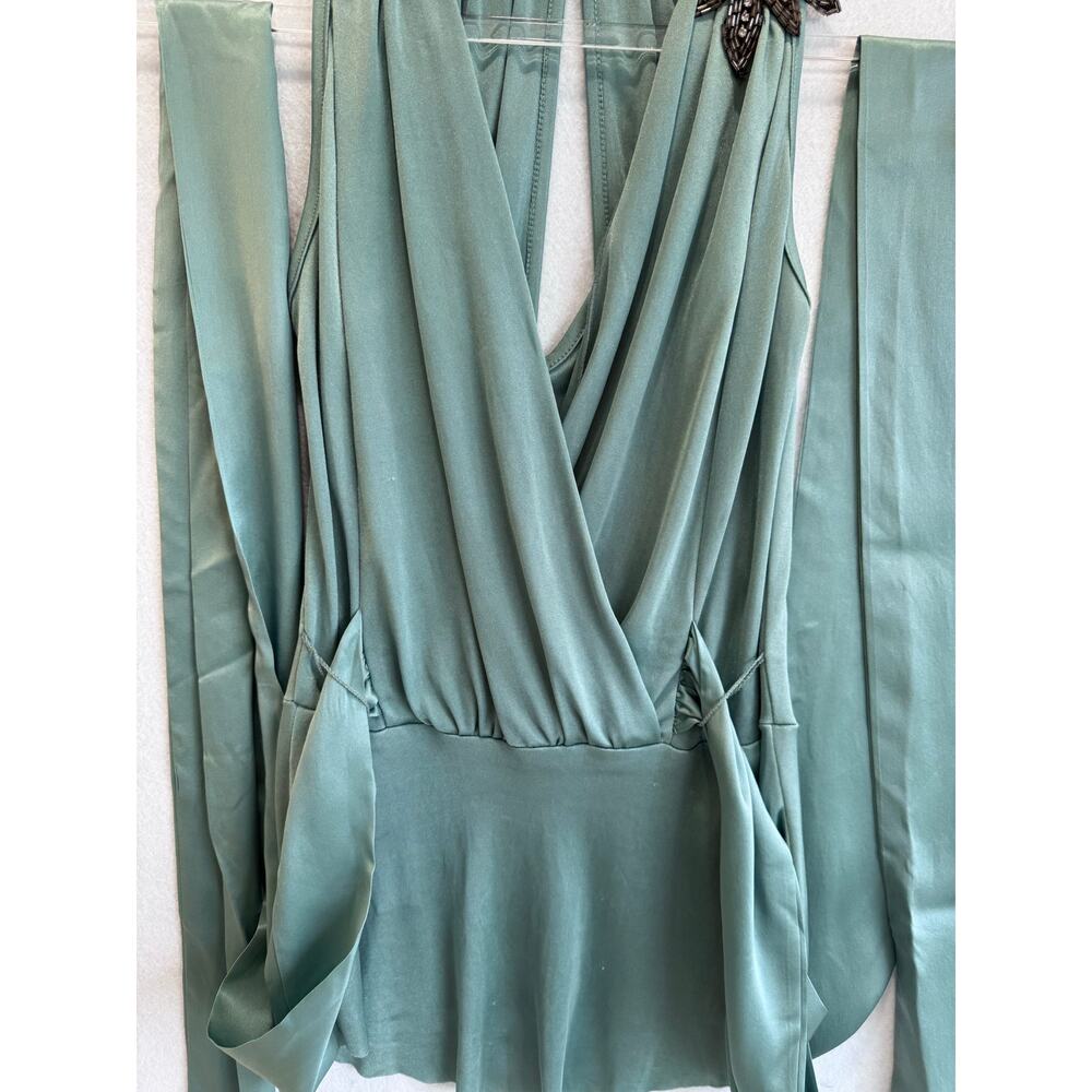 Vintage Y2K Sage Green Draped Halter Top Star Brooch Made USA v neck sexy Sz S - Picture 5 of 7